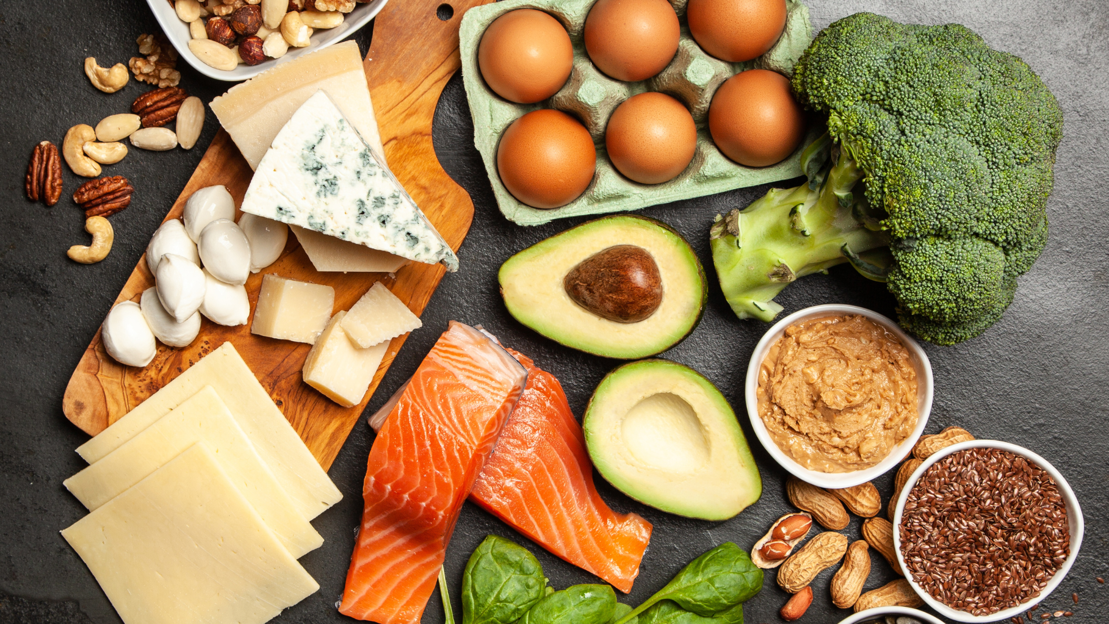 Keto-friendly food options featuring fresh produce, nuts, and high-fat dairy.